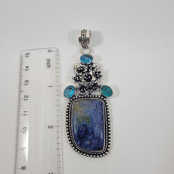 Blue Azurite Pendant with Sterling Silver Floral Design and Blue Topaz Accent - Picture 4 of 9